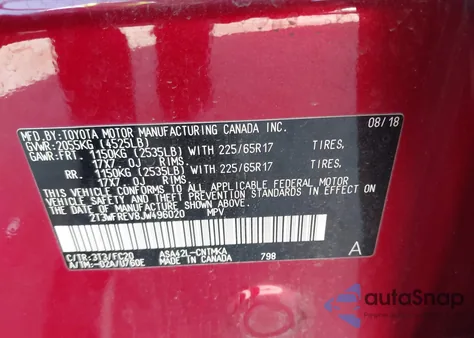 2018 Toyota Rav4 Xle из США, поврежденный, VIN 2T3WFREV8JW496020